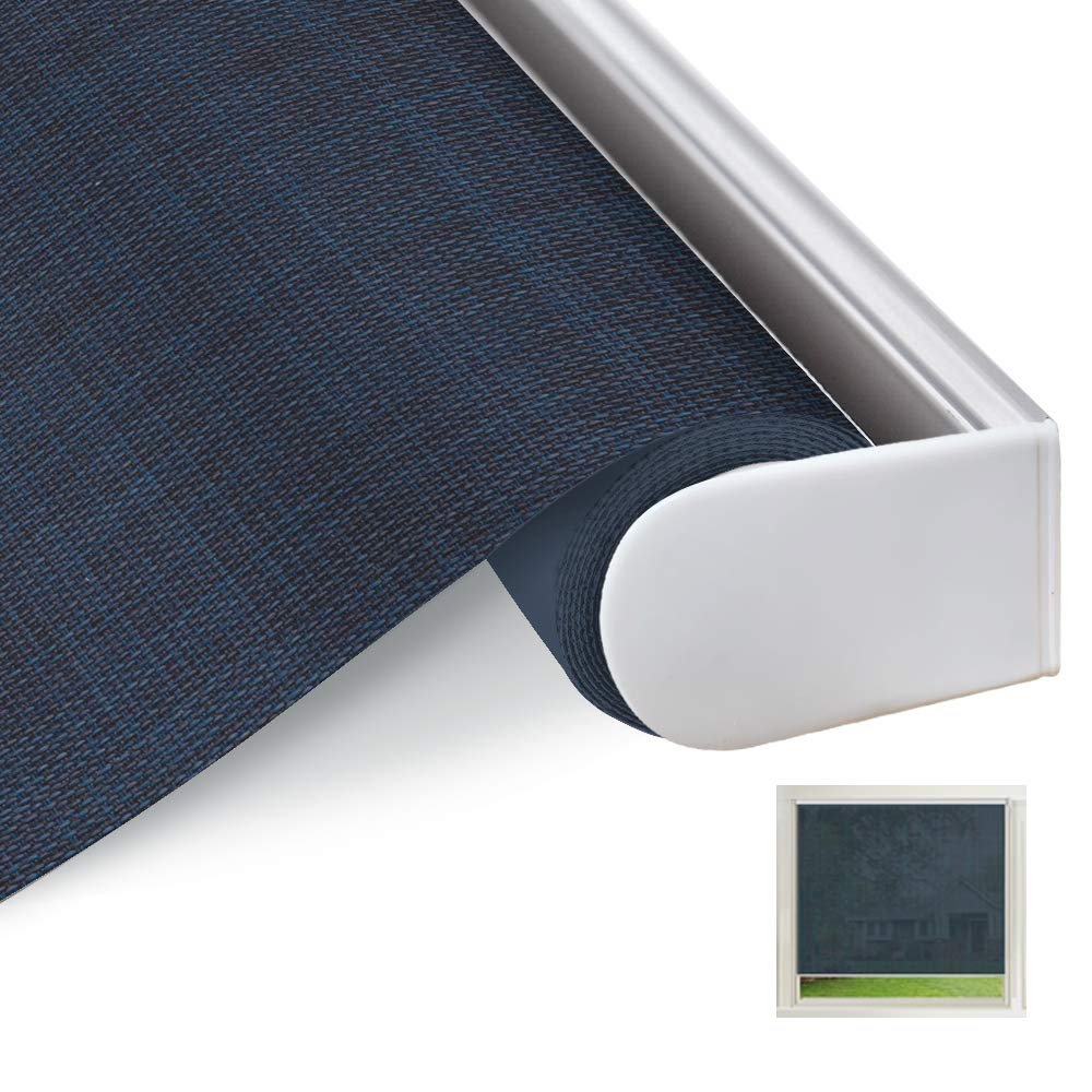 Cordless Solar Window Roller Shades, Faux Linen Navy Waterproof Light Filtering Roller Blinds, Thermal Insulated UV Protection Flame Retardant Sun