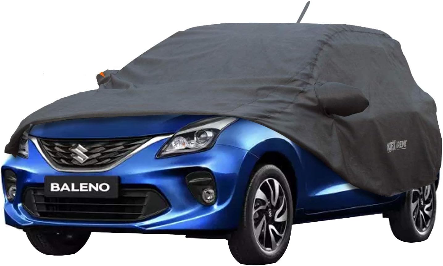 Allextreme BN7004 Car Body Cover Compatible with Maruti Suzuki Baleno Custom Fit Dustproof UV Heat Resistant Indoor Outdoor Body Protection (Grey with Mirror)