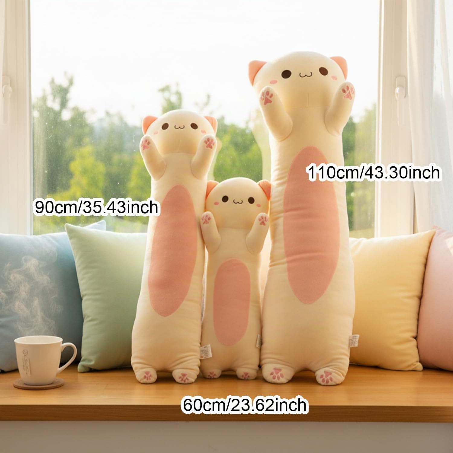 Kekeso Lungo Peluche Gatto - Cuscino Morbido Gatto per Bambini & Adulti, Kawaii Cuscino a Corpo di Gatto, Regalo Carino per Amanti dei Gatti (Crema, Occhi rotondi, 110cm/43.31inch)