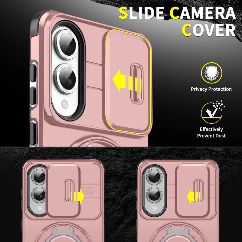 Image of LuxuryKase Shockproof Rugged Case for Samsung Galaxy S25 Edge | Slide Camera Cover | 360 Rotating Ring Kickstand | Military-Grade Protection - Rose Pink