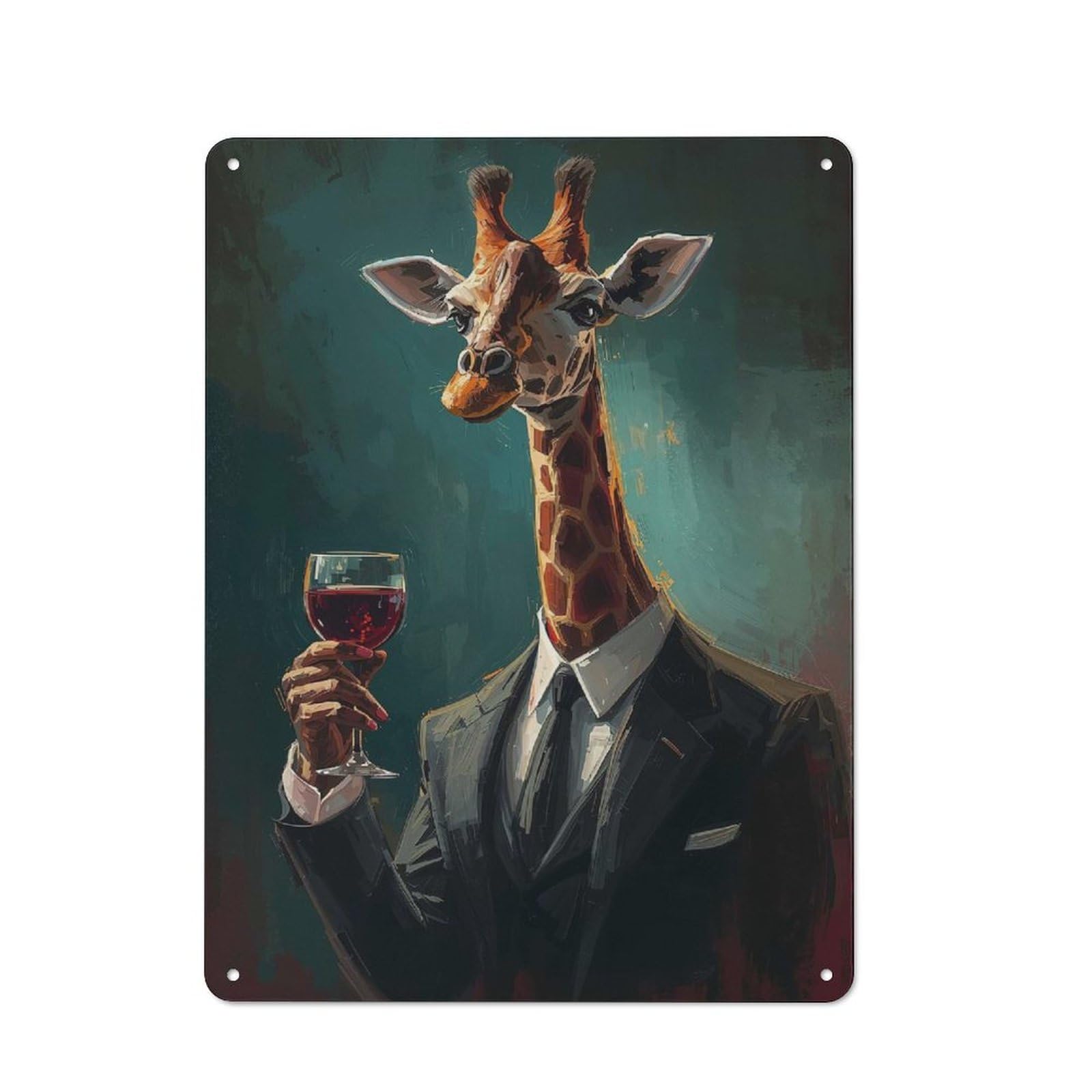 Junmoney Giraffe In Suit With Wine Vintage Metal Wall Decor 40X30cm, Vintage Tin Sign For Bakery, Diner, Cafe Or Family Room