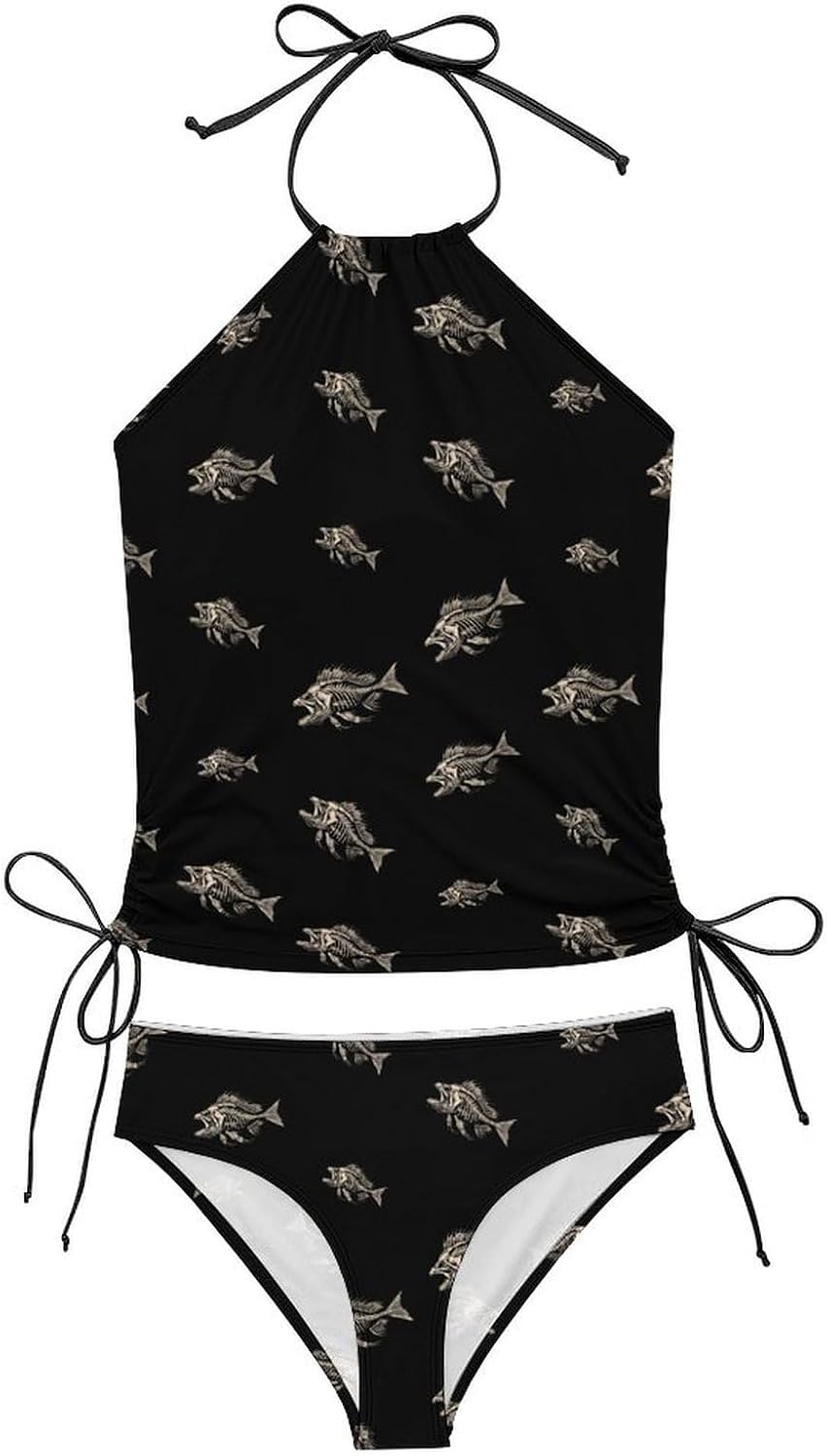 Skeleton Beautiful Fish Women's Tankini Swimsuit Two Piece Tummy Control Bathing Suits Tie String Swimwear
