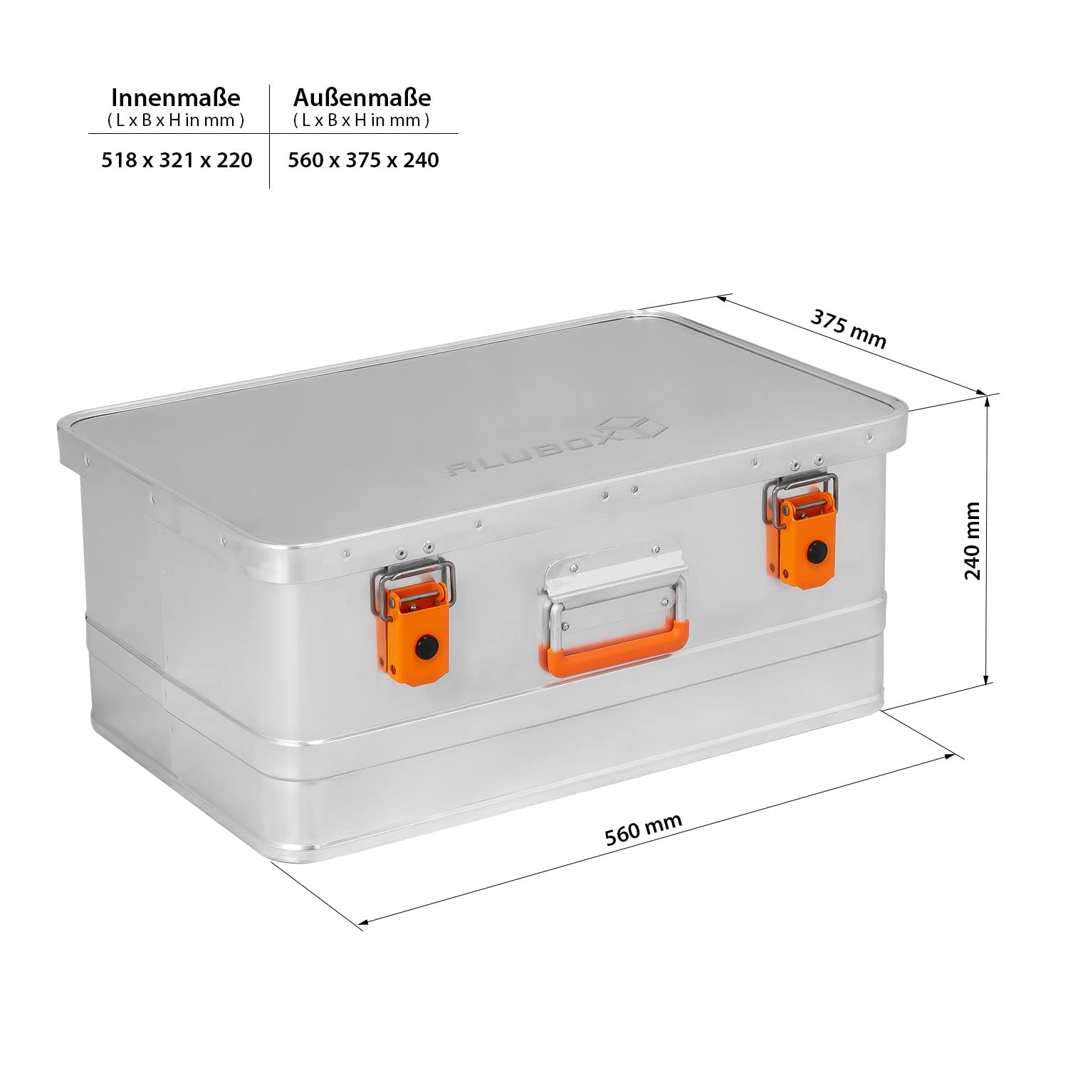 Alubox Werkzeugtruhe Werkzeugkoffer EASY 40 Liter silber Alu glänzend - orange Schnallen - Frontgriff - Außenmaße L 56 x B 37,5 x H 24 cm