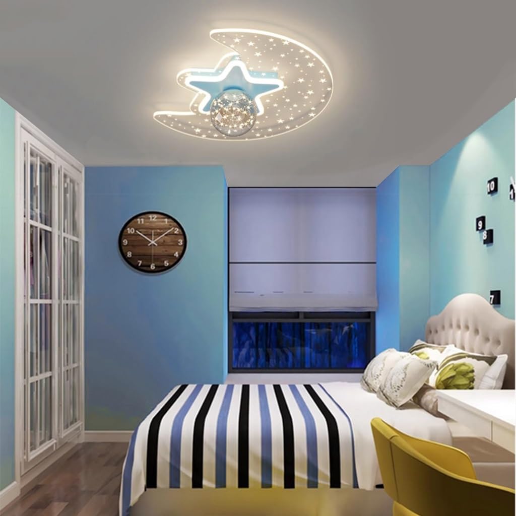 Harpochten Children's Room Lamp LED Children's Room Ceiling Light Modern Dimmable Ceiling Lamp Large With Remote Control Boys Girls Hanging Lamps Bedroom Living Room Star Moon Glass Interior Lighting(