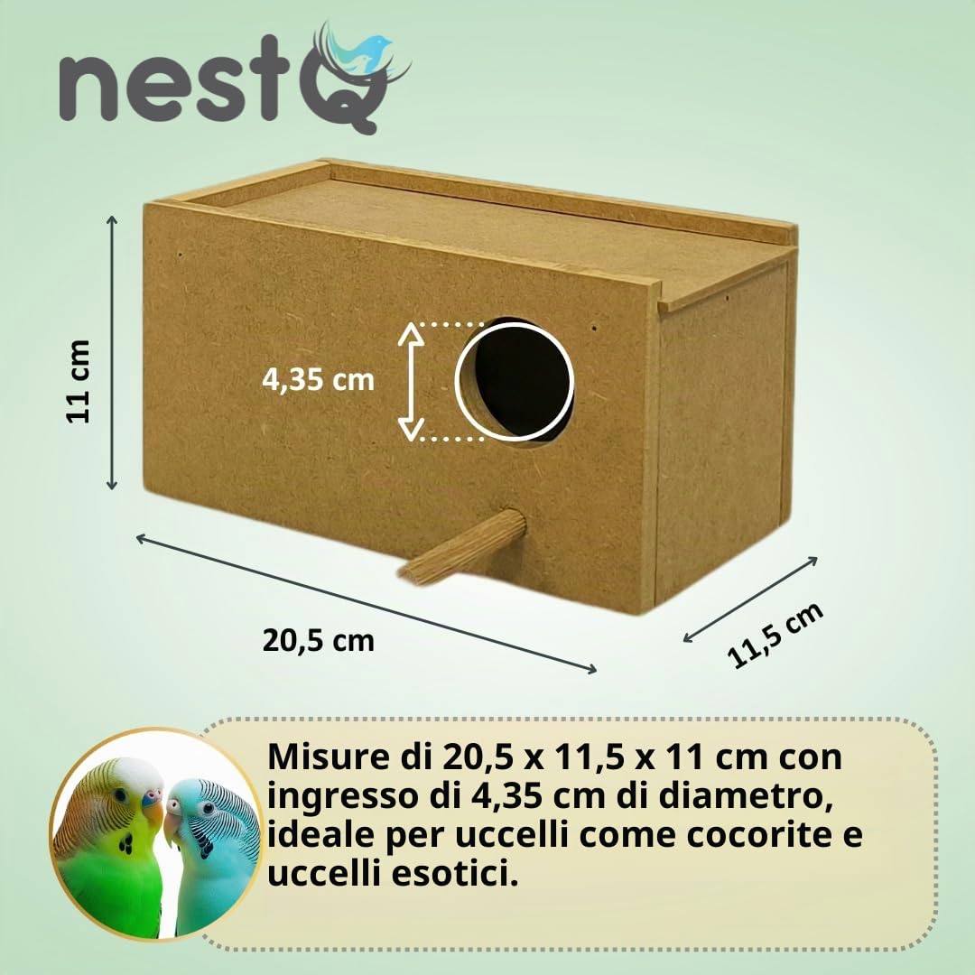 Nido per Parrocchetti con Trucioli Viruta per la Catenina, Casetta di legno per uccelli, con ganci per la Gaule di parrocchetto, 20 cm x 11 cm x 11cm