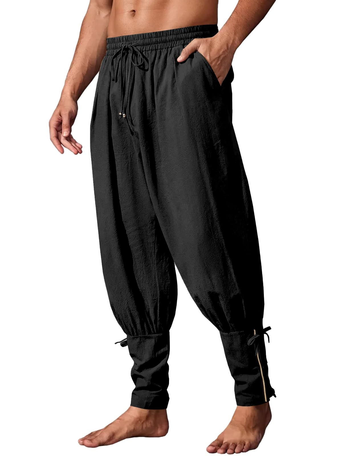Runcati Mens Medieval Ankle Banded Pants Pirate Renaissance Viking Navigator Pants Lace Up Cotton Halloween Costume Trousers