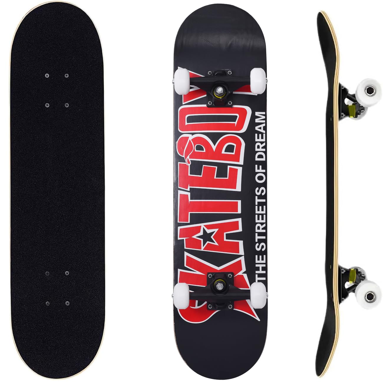 ERNAN Complete Skateboard for Beginners,31 x 8 Inch Double Kick Skateboard for Kids Teenagers & Adults. with Skate T-Tool. (Black Red)