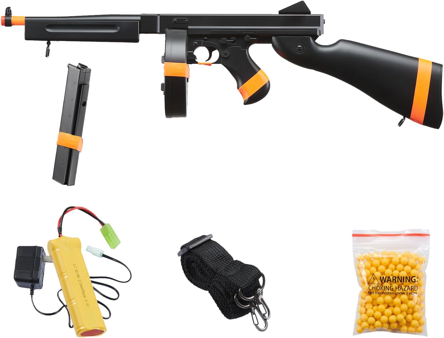 Airsoft M1A1 Submachine Gun WW2 Chicago Typewriter Full Auto Electric SMG AEG with Two Magazines, Color Black-California Compliant