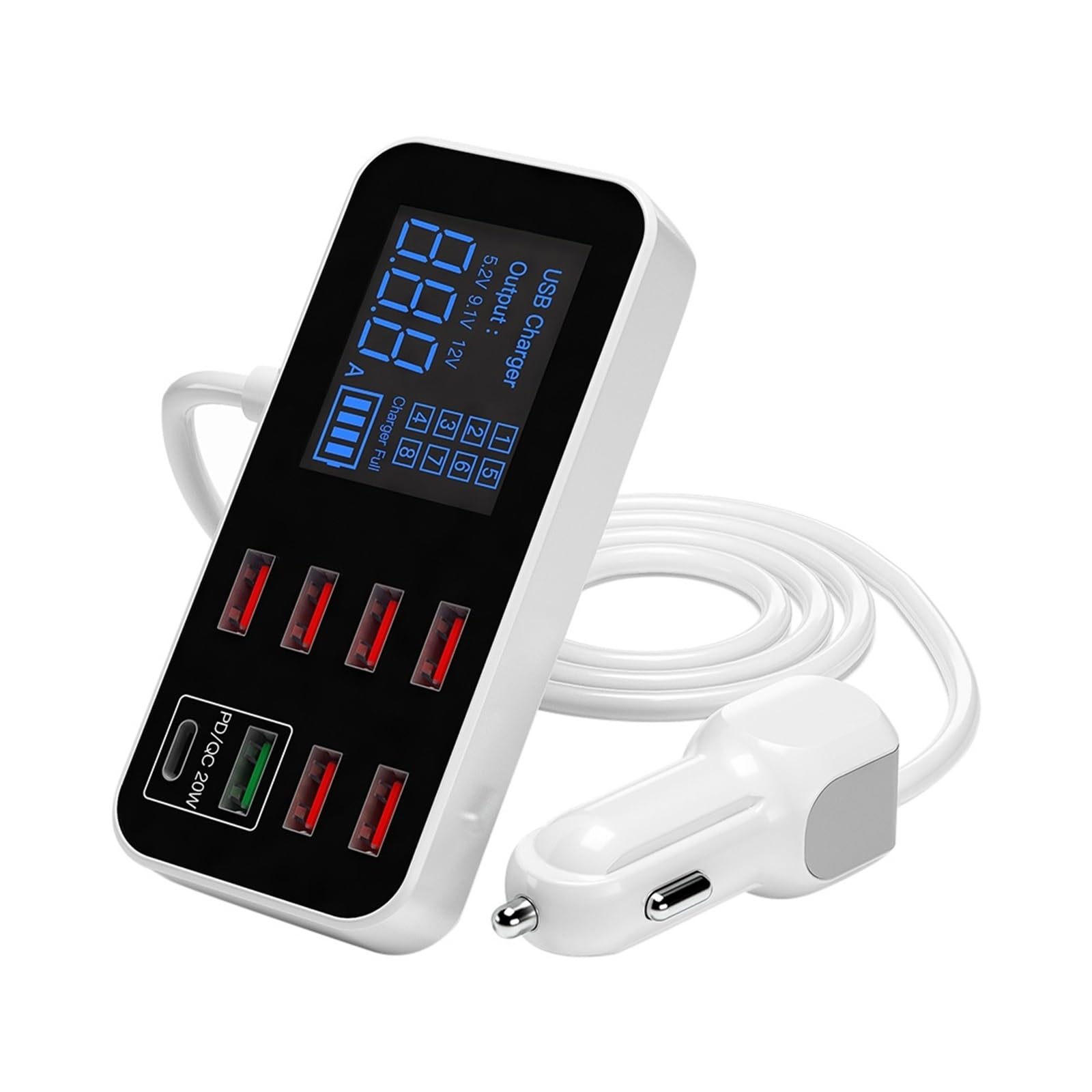 Wieloportowa ładowarka USB 8-portowa stacja ładująca do zapalniczki samochodowej z wyświetlaczem LCD Ultracienka ładowarka samochodowa