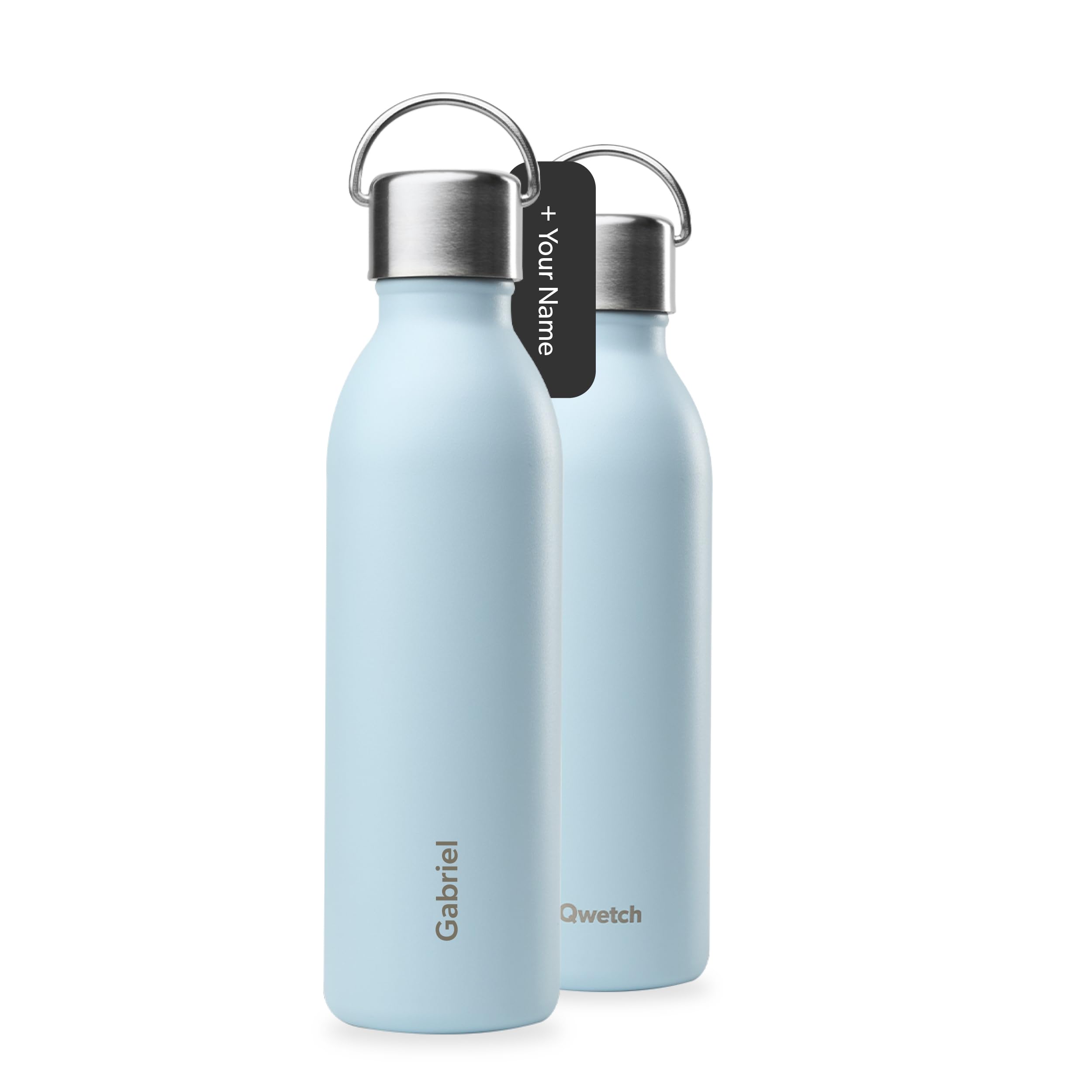 Qwetch - Bouteille Isotherme Personnalisable - Gourde Prénom Gravé - 24h Froid/12h Chaud - Inox Recyclé - Étanche & Compacte (Pastel Bleu, 600, Millilitres)