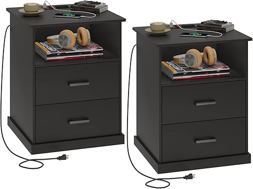 Hasuit Juego de 2 mesas de noche con estación de carga mesa auxiliar grande con cajón de almacenamiento y cubito abierto mesa auxiliar de noche