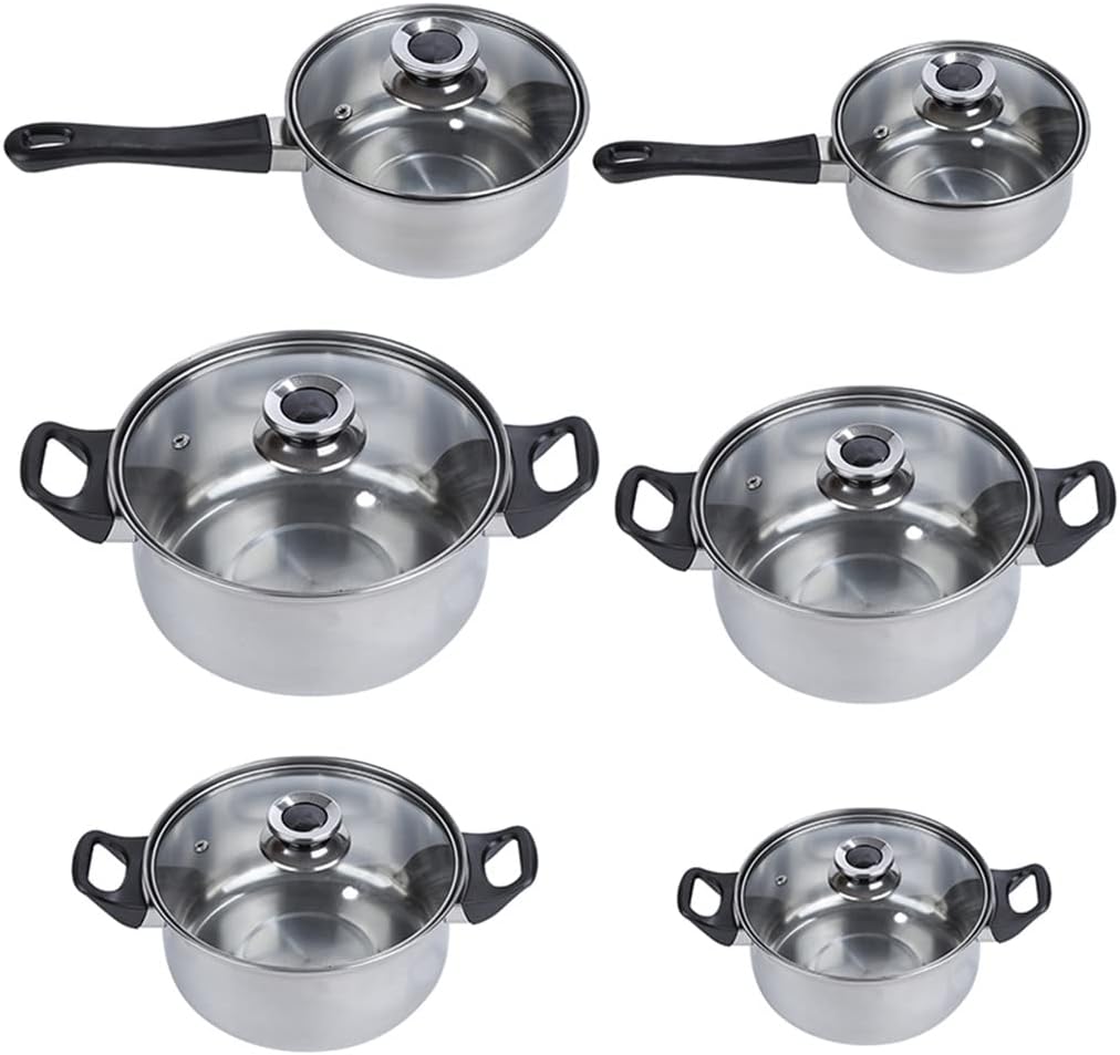 6PCS Stainless Steel Cooking Pot & Pan Sets Cookware Set Kitchen Induction Saucepan Casserole Glass Lid Pans