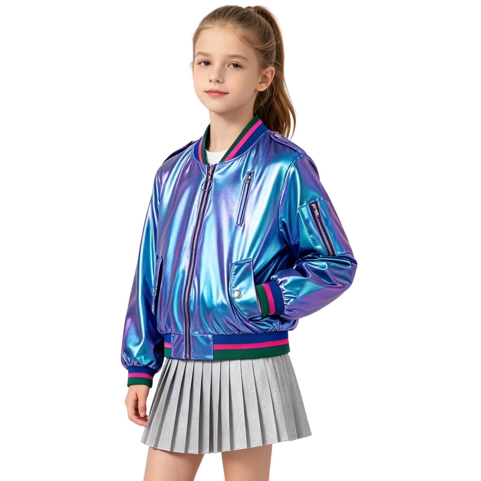 LOLANTA Chaqueta Bomber Metálica Brillante para Niña, Cazadora Ligera de Primavera y Otoño con Cremallera y Bolsillos, Estilo Corto, Cortaviento e Impermeable, 4-12 Años