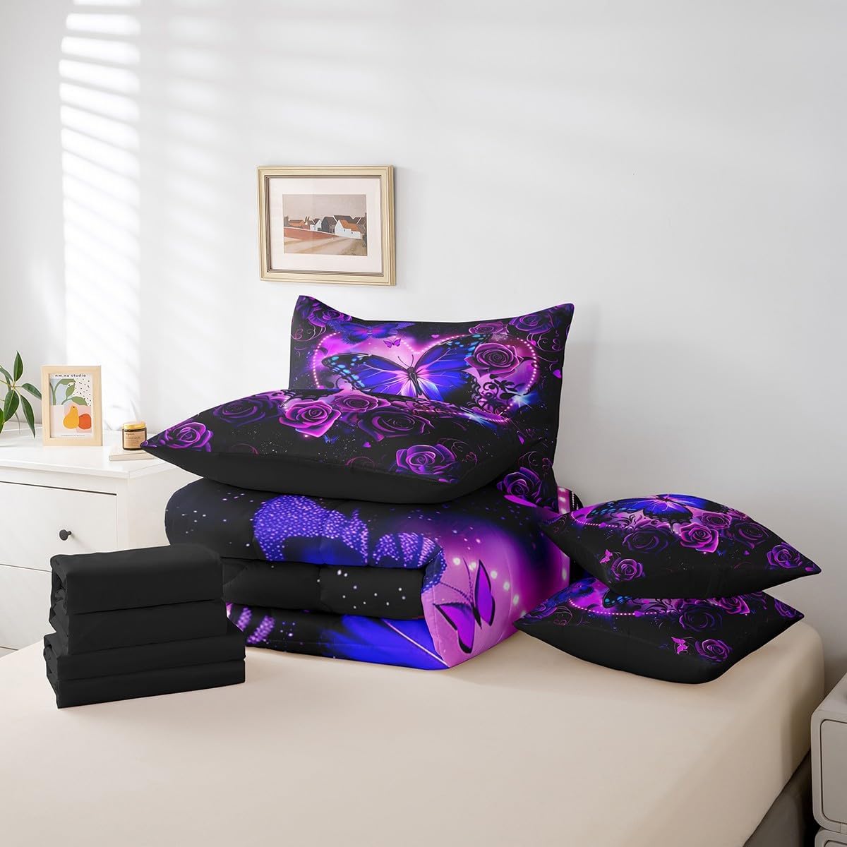 Erosebridal Butterfly 7 Pcs Comforter Set King Romantic Roses Bedding for Woman Rose Flowers Sheet Set Bed in A Bag Boho Butterflies Floral Bedroom Decor Purple Bed Set