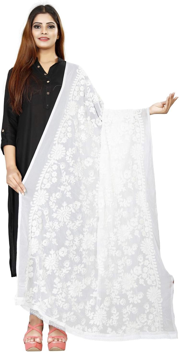 Women's Floral Embroidered Chiffon Dupatta – Lightweight Ethnic Wear Stole/Scarf