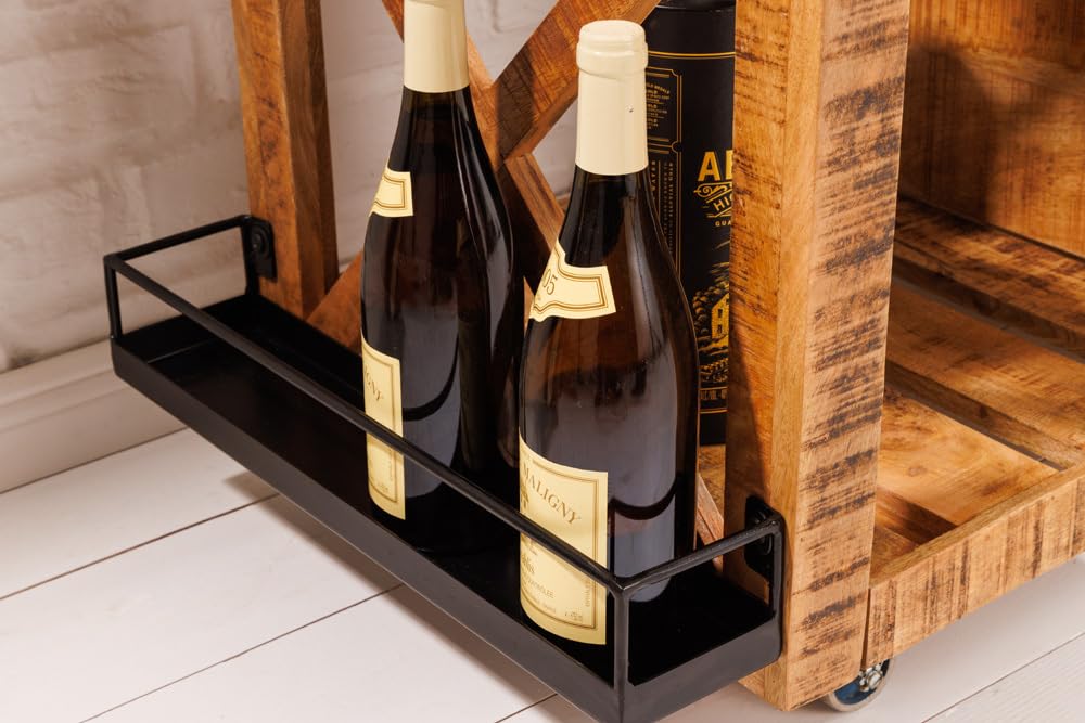 Riess Ambiente Industrial Barschrank Bodega 86cm Mangoholz Servierwagen mit Weinregal und Aufhängung