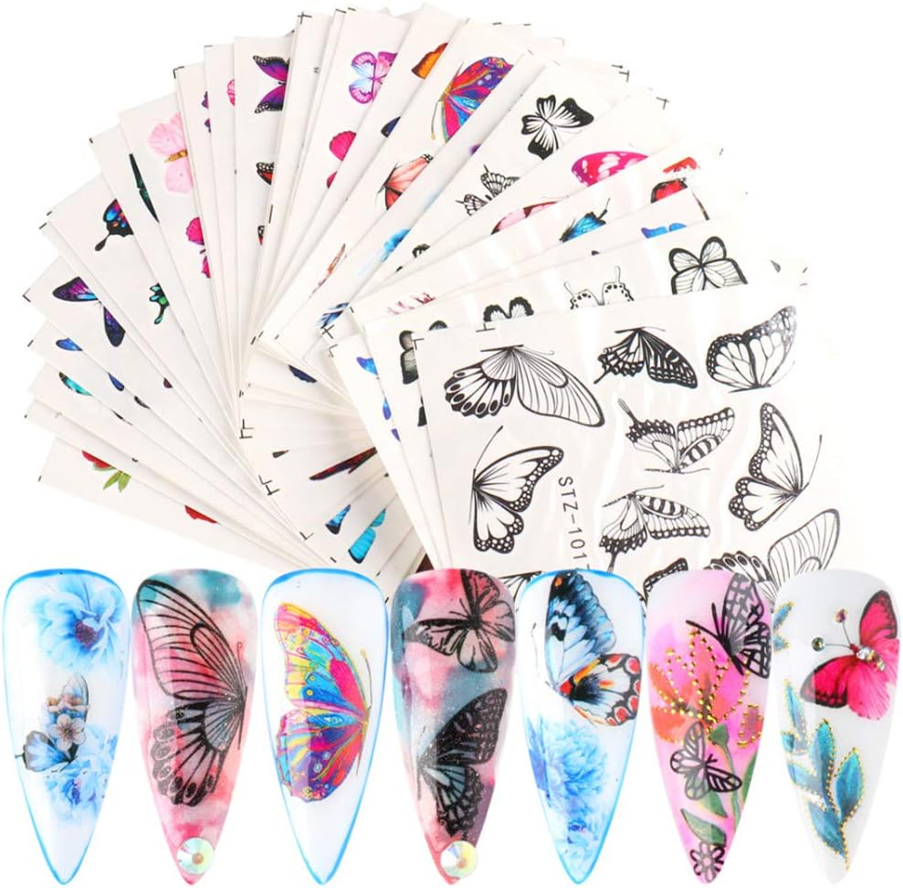 Butterfly Nail Art Stickers Decals Nail Supplies Nail Accessories Gradient Colorful Butterfly Flowers Design Water Transfers Slider Tattoo Foil for Nail Decorations Women Manicure Tips DIY 30 Sheets
