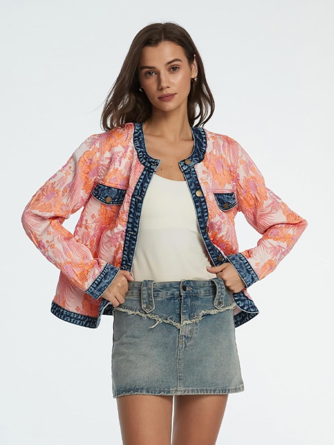 D-Sun Women's Floral Denim Jacket Long Sleeve Cropped Jacquard Jean Jacket Crewneck Button Down Casual Denim Fall Coats - Image 5