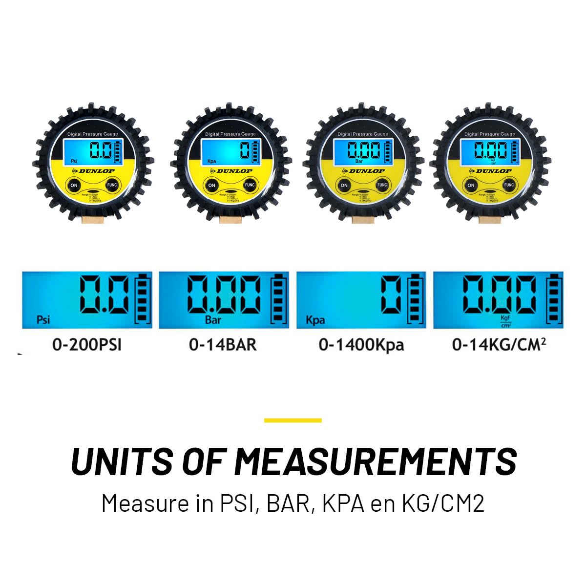 Dunlop Manomètre Numérique pour Pneus – Mesure PSI/BAR/KPA/KG – Fonctionne sur Piles – Tuyau d'air de 30 cm – Convient à la Plupart des Compresseurs d'air – Voiture, Vélo, Moto et Camion – Noir
