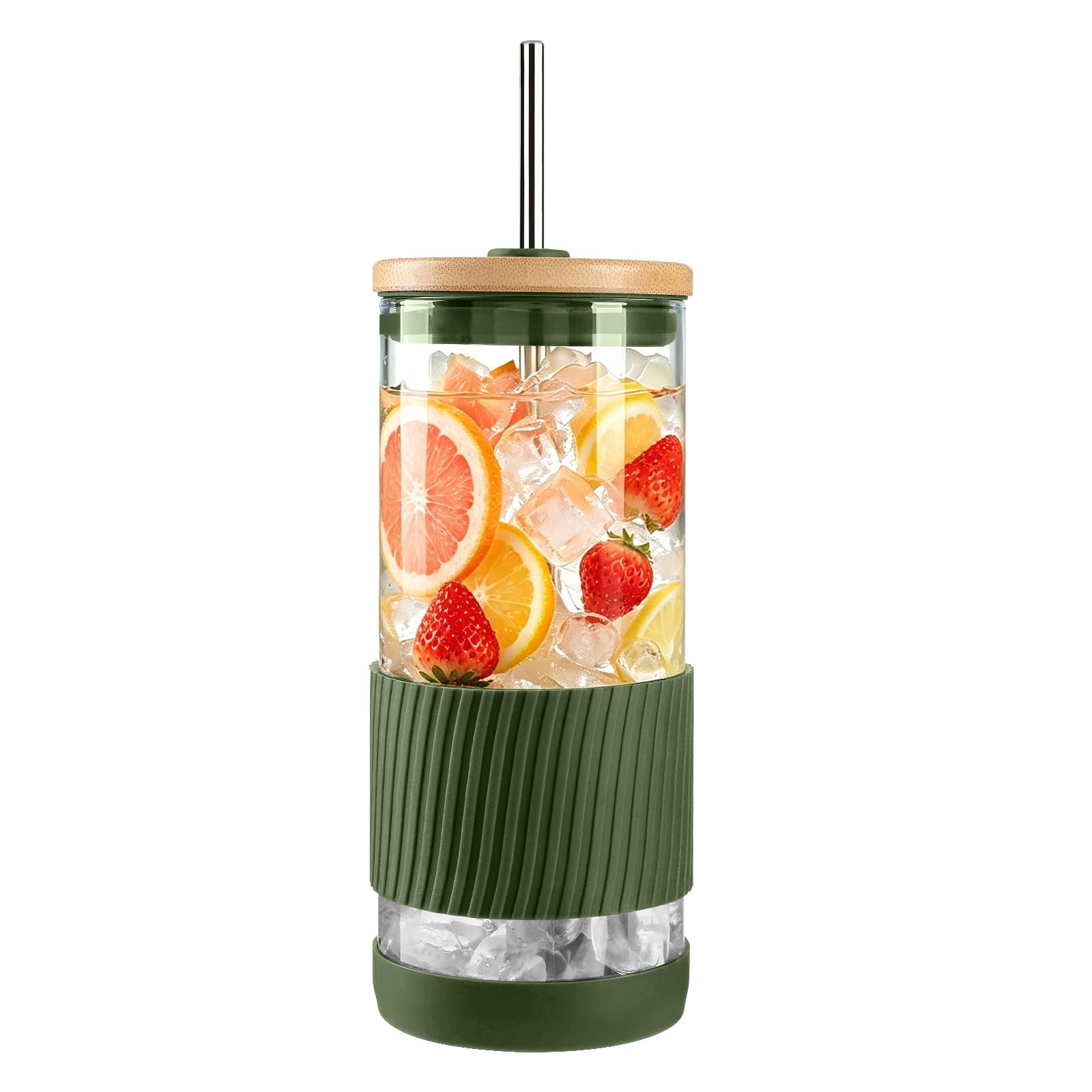 LOOFORE 630ml Glass Tumbler with Bamboo Lid and Straw, 1 Pack