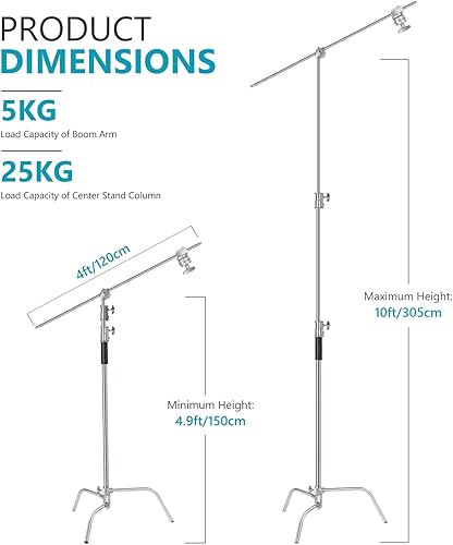 Miniatura 18 de NEEWER Soporte de luz Pro 100% metal C con ruedas, altura máxima 10.8 pies/129.9 in soporte reflector ajustable con brazo de pluma de 4 pies/47.2 in