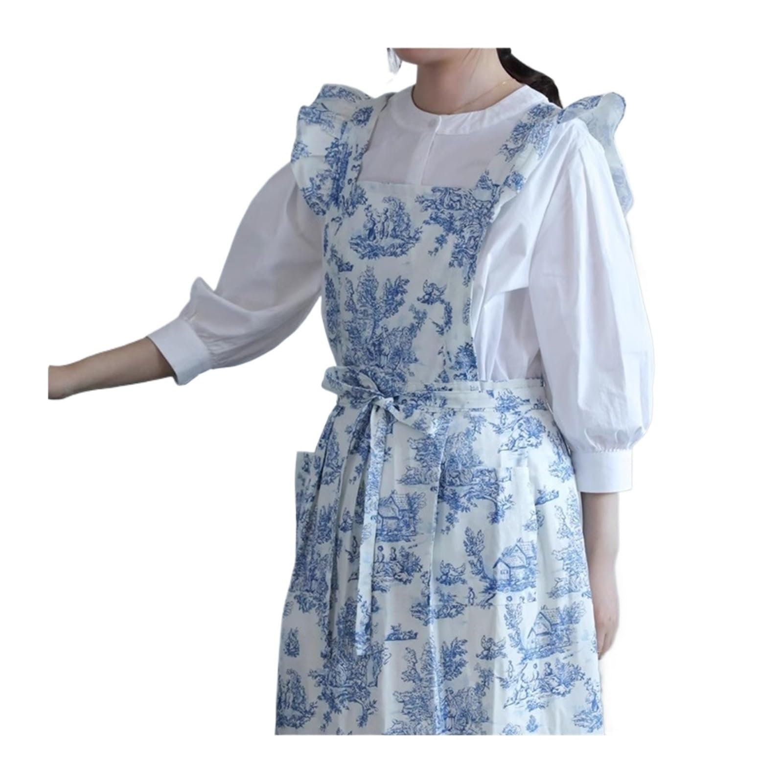 Schürze mit Kreuzrücken Lange, bedruckte, wasserabweisende Baumwoll-Küchenschürze mit Rüschen und Taschen for Damen, Schürze überkreuztem Rücken for Kochen, Backen, Gartenarbeit