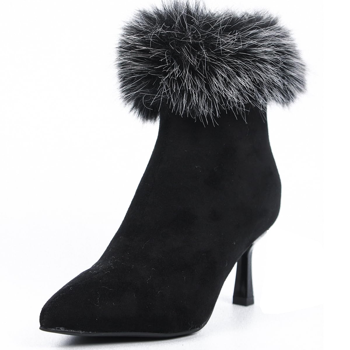 Womens High Heel Fluffy Ankle boots Zip Pointed Toe Autumn Winter Shoes Outdoor Casual Non-slip Dressy Winter Boots