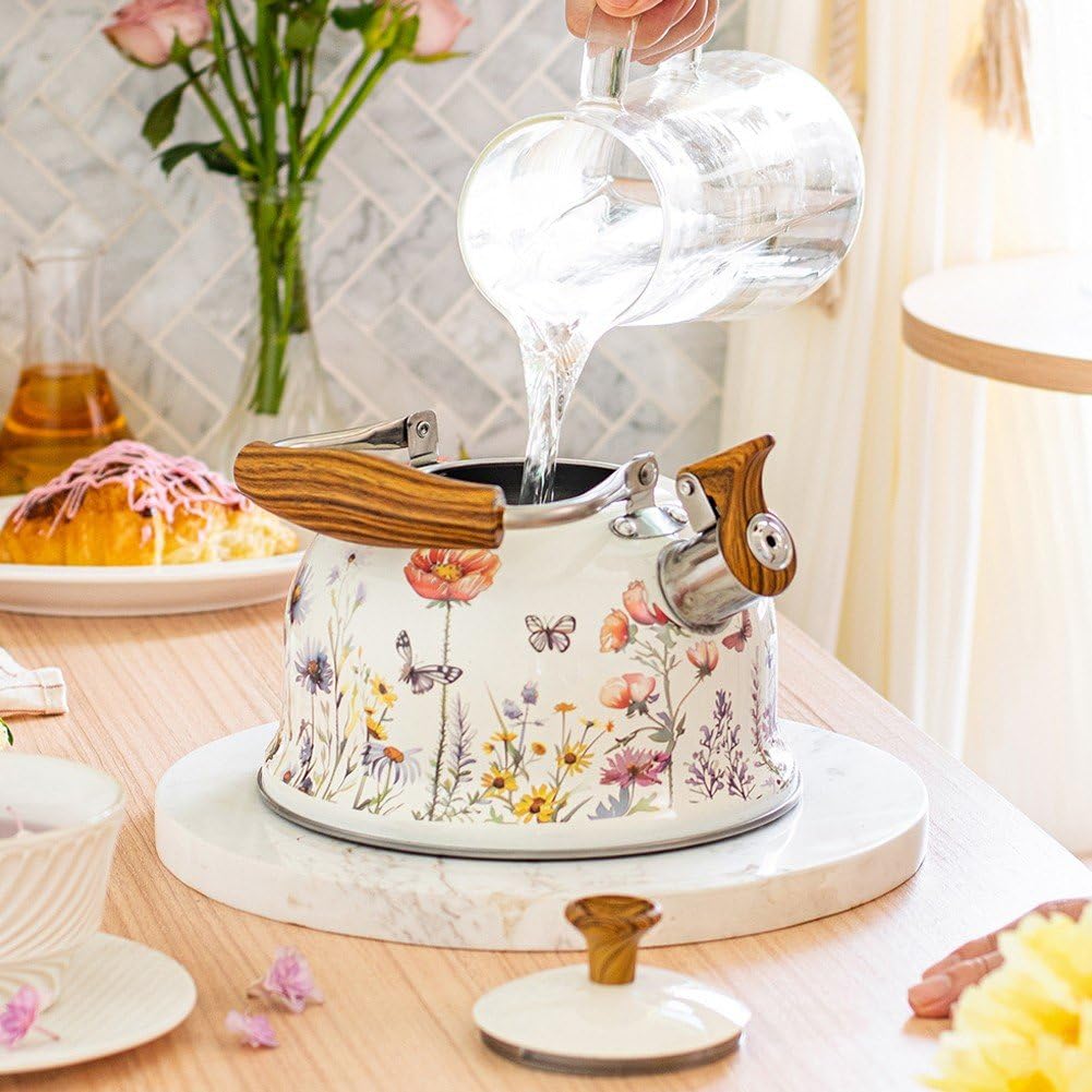 Bouilloire Sifflante 3l À Motif Floral avec Poignée Anti-brûlure, Style Vintage, Compatible avec Les Plaques De Cuisson À Gaz À Induction.