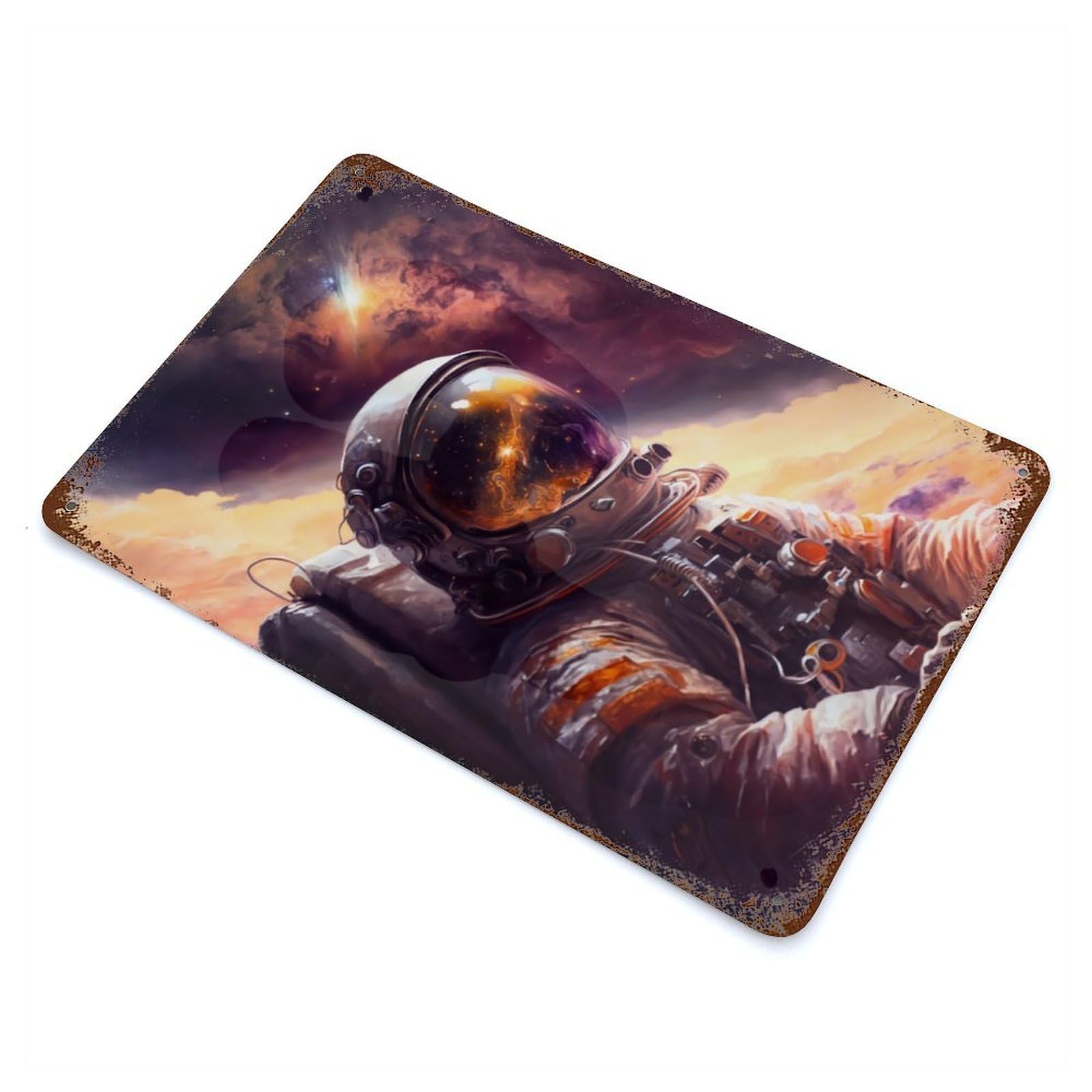 Astronaut Reflection Aged Metal Wall Plaque 11.8"x7.9", Decorative Metal Wall Art for Garage, Pub Or Kitchen