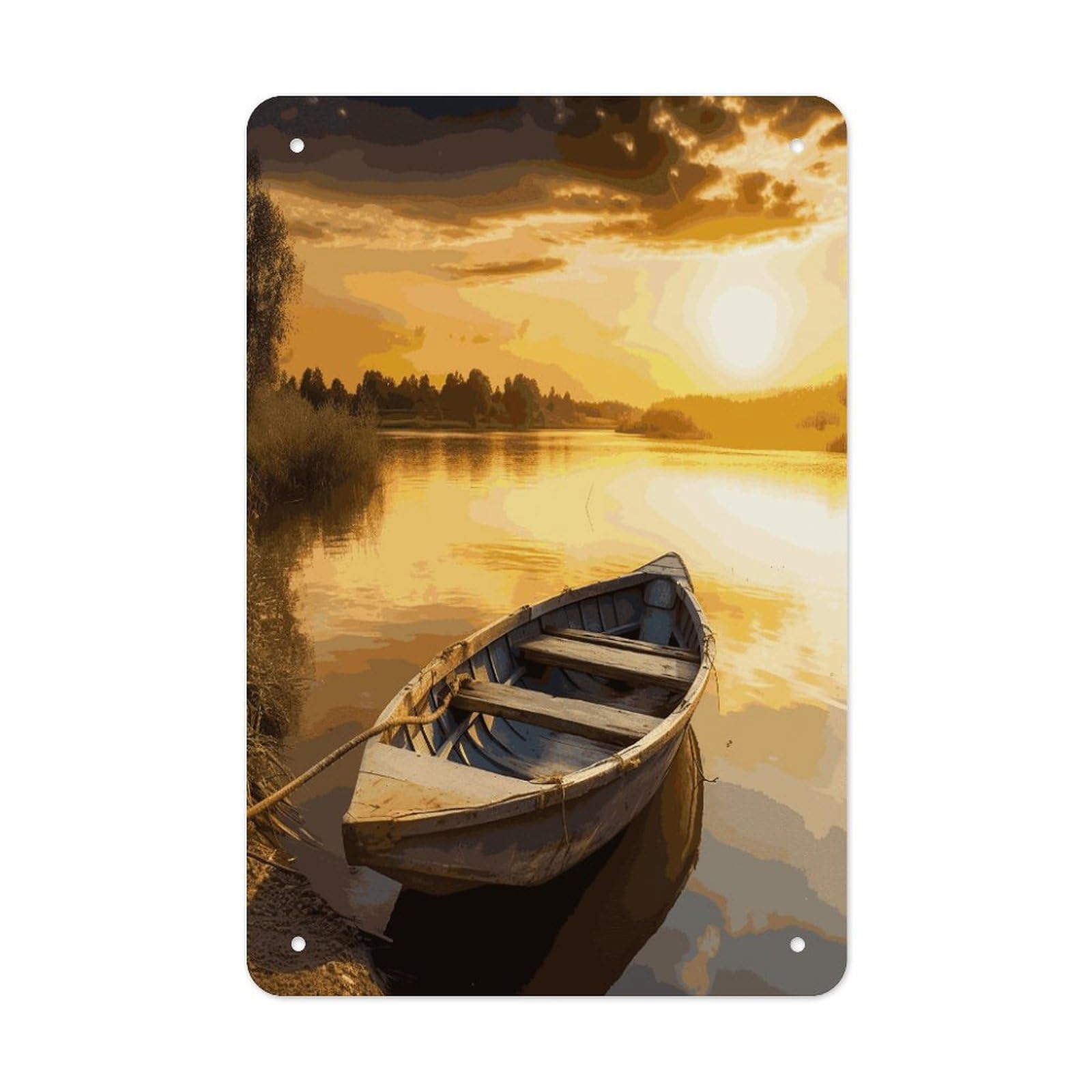 LDGSUPH River Sunset Wooden Boat Wall Art Prints Folded Edge Iron Sheet Painting with Holes for Wall Prints Decorative Picture Metal Signboard Decor Painting for Outdoor Indoor Wall Decor