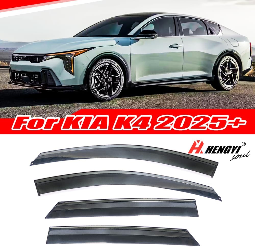 Window Visors Rain Guards, Polycarbonate Window Deflectors Fit for KIA K4 2025+,4 PCS Tape-on Smoke Tinted with Gloss Black Stainless Steel Trim Windows Rain Guard Vent Shade for KIA K4 2025+
