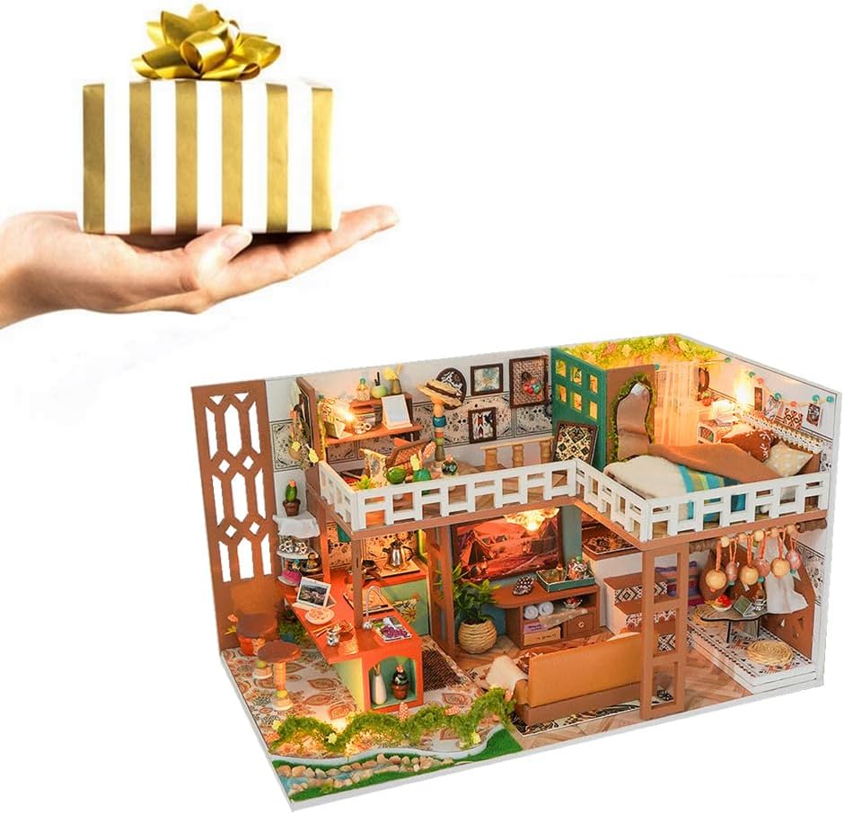 DIY Miniature Dollhouse Kit Wooden Dolls House with LED Light Dustproof and Music Box Mini Loft House Accessories Furniture Toy for Adult Teen Birthday Gift