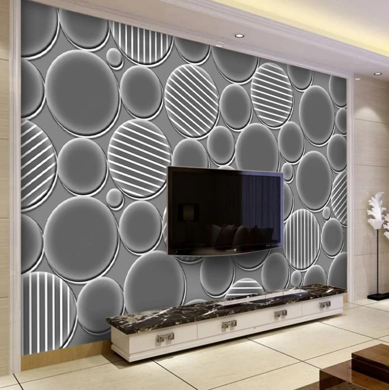 Papier peint 3D relief cercle gris pour masquer défauts mur TV - 2