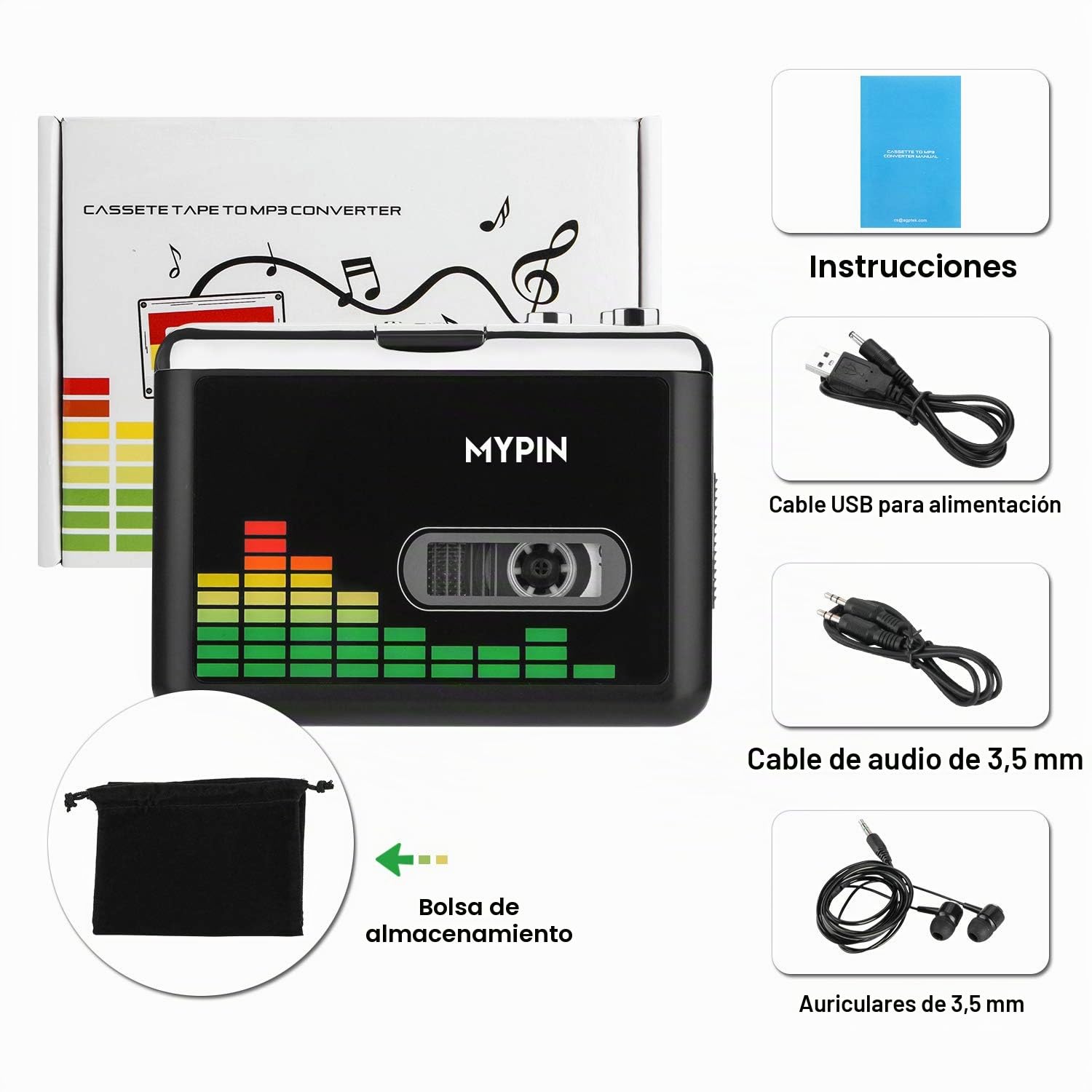 Reproductor de Cassette Portátil, Convertidor de Cassette a MP3,Retro Inverso Automático con Auriculares,Grabadora Cassette Directamente a la Unidad Flash USB/no Necesita PC
