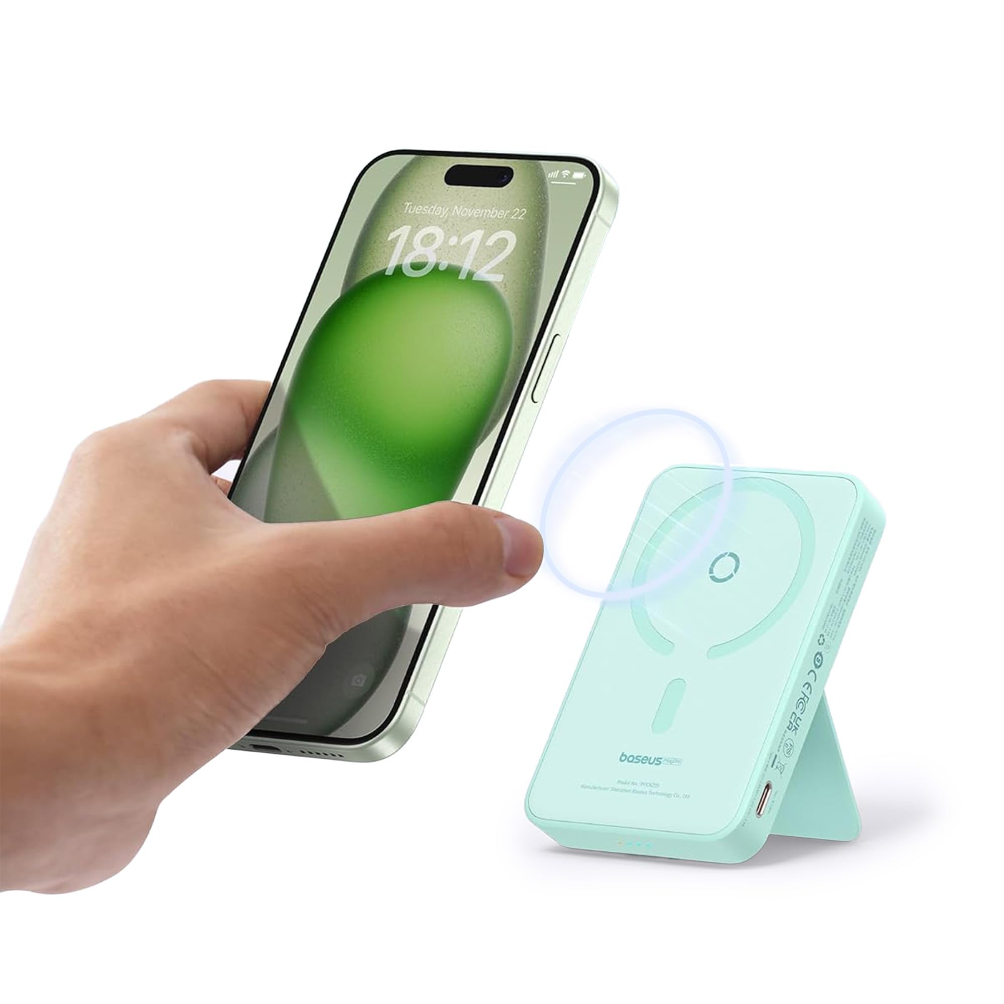 Baseus MagSafe Power Bank 5000mAh, Magnetic Wireless Charger for iPhone with PD 20W Fast Charging, Slim Design, USB-C, Built-in Stand, Compatible with iPhone 15/14/13/12 Pro/Mini - Blue