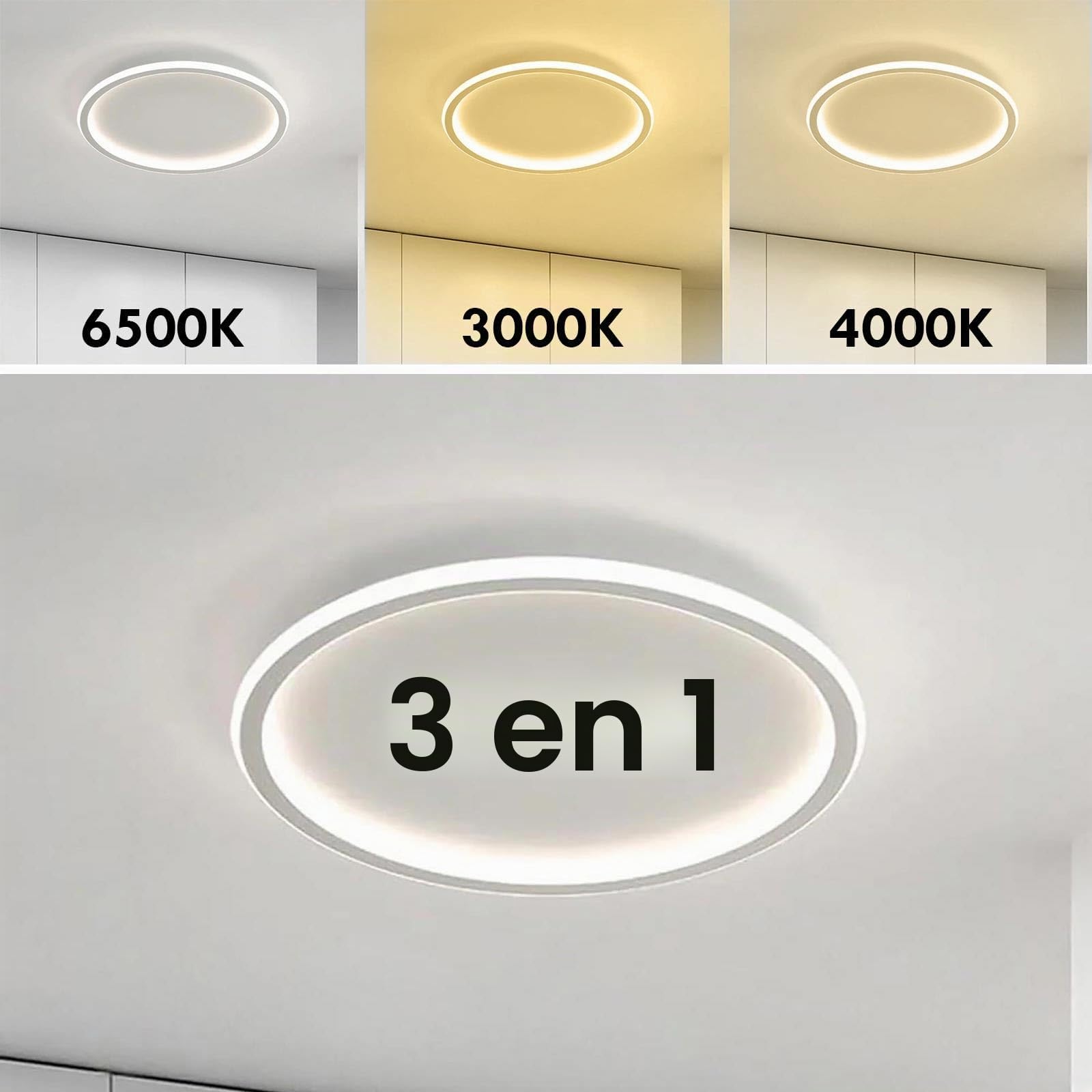 Plafón LED 43 W CCT interruptor de 3000 K a 6500 K luz para interiores indirecta, círculo luminoso, lámpara techo redonda baño, cocina, salón, oficina, 230 V diámetro 50 cm