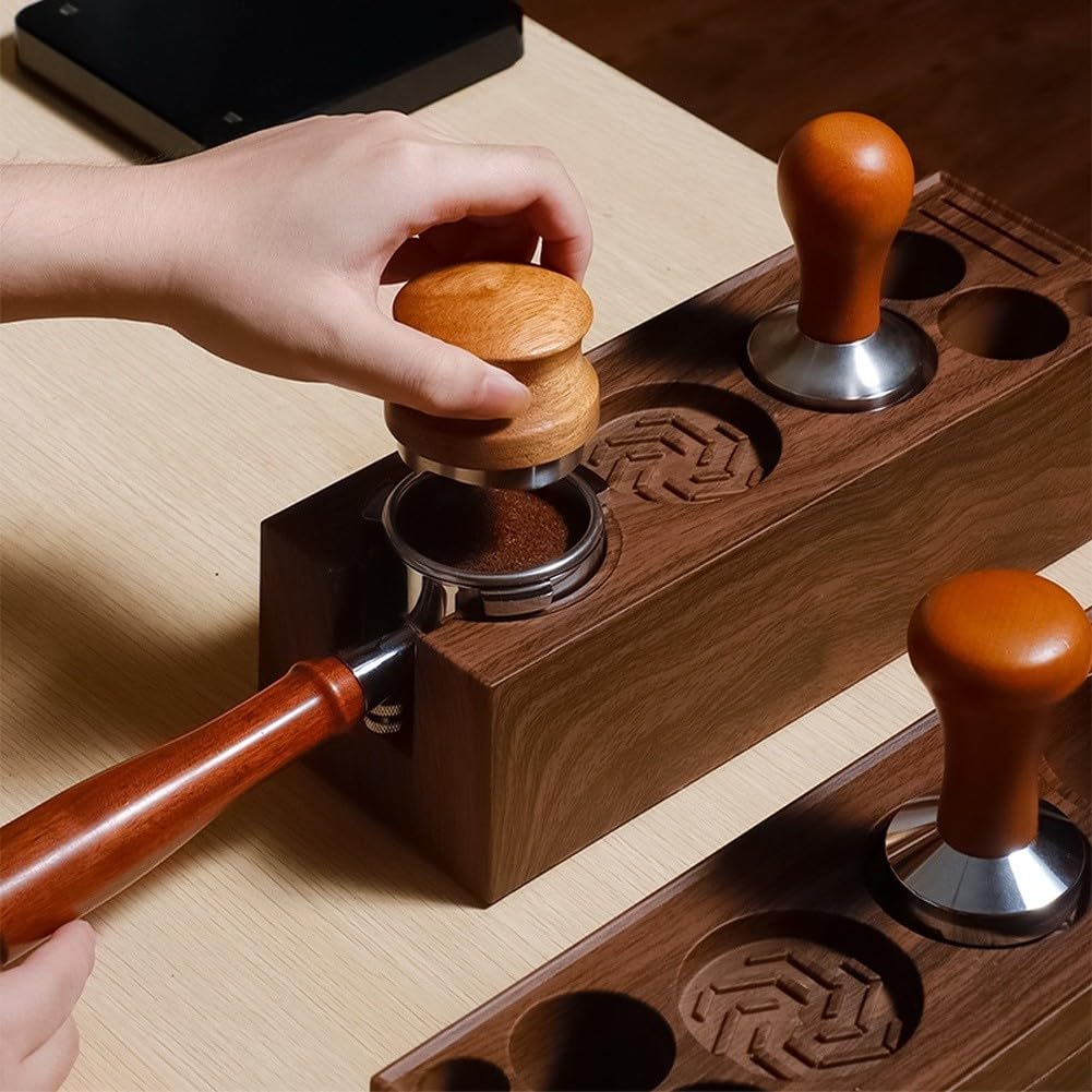 Soporte para café ABS con acabado de nogal con cajón extraíble, estación de apisonamiento espresso de 6 ranuras para el hogar para barista, soporte ajustable para portafiltro y accesorios