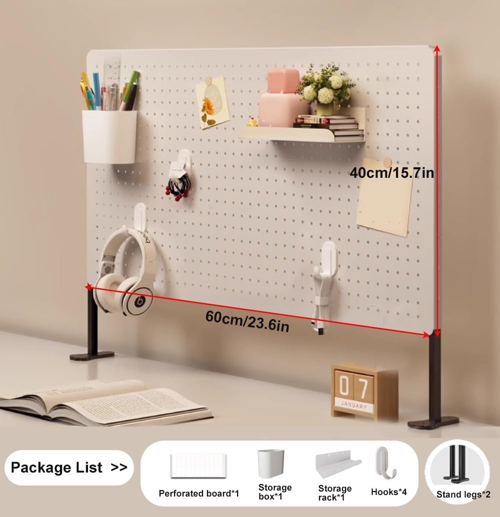Shelves, Metal Desktop Pegboard Organizer Peg Board for Desk Office Desk Peg Board Freestanding Desk Accessories Organizer Hooks and Storage Box(23.6x15.7in)