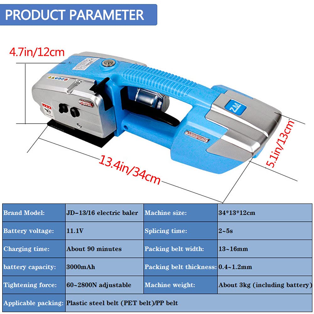 Portatile Reggiatrice,Reggiatrice Elettrica Professionale,per Legare E Fissare Nastro PP/Pet da 13-16Mm di Larghezza,Pressa Elettrica A Batteria 3000Mah.,Blue
