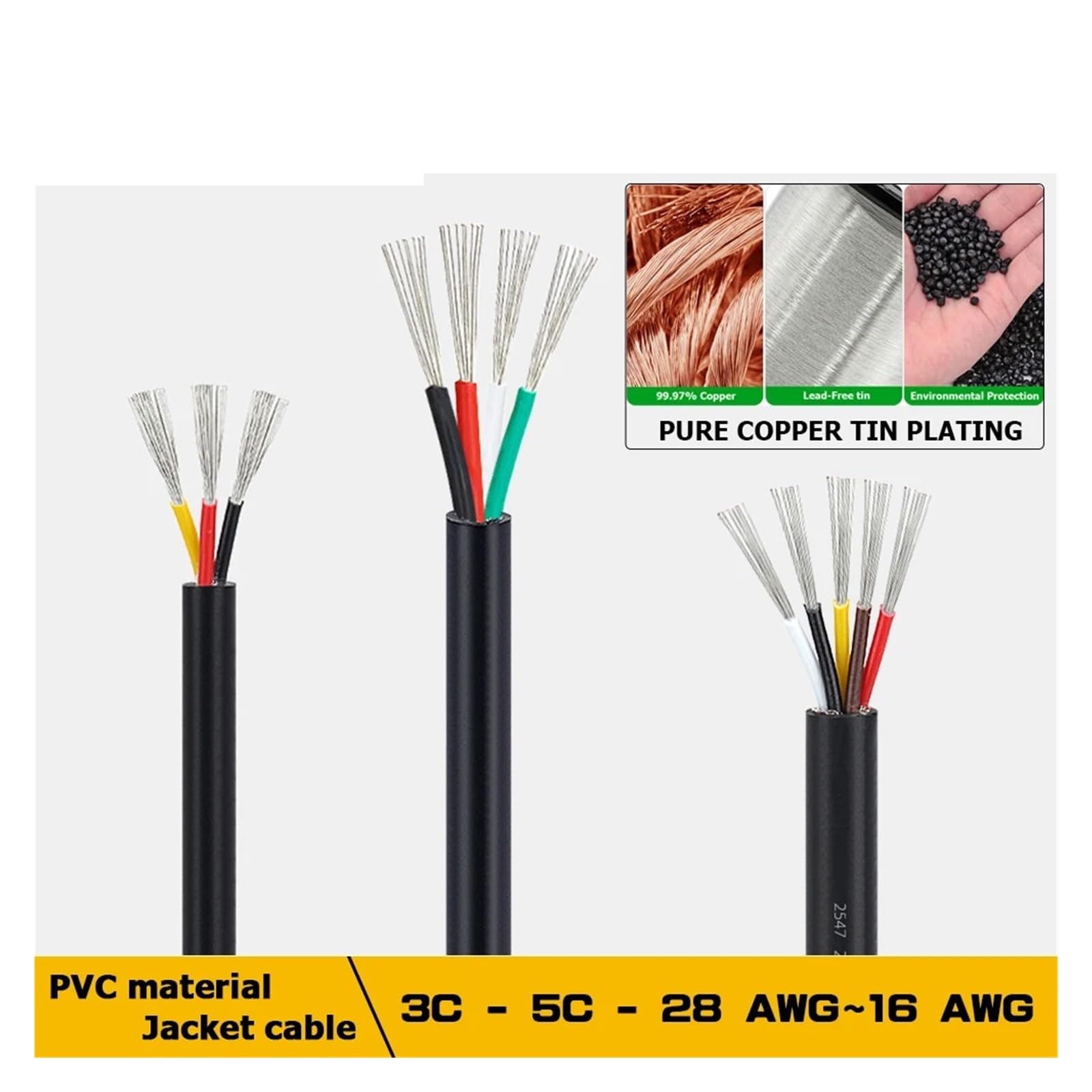 Kabel płaszczowy 4-6 m Miedziany ocynowany drut elektroniczny Przewody elektryczne z PVC Izolacja przedłużacza elektrycznego Czarny drut(UL2464-5C 5m,24 AWG)