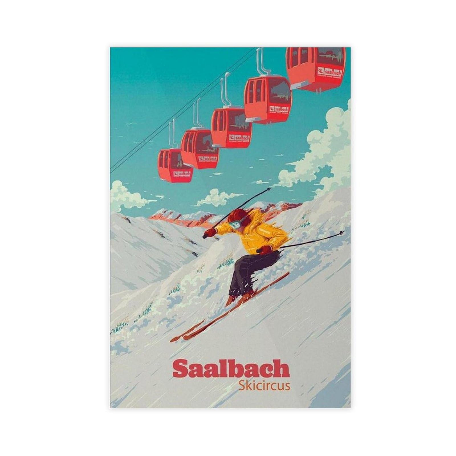 QGVBGF Saalbach Ski Resort Vintage Skiing Print Canvas Poster Bedroom Decor Landscape Office Room Decor Gift 08x12inch(20x30cm)