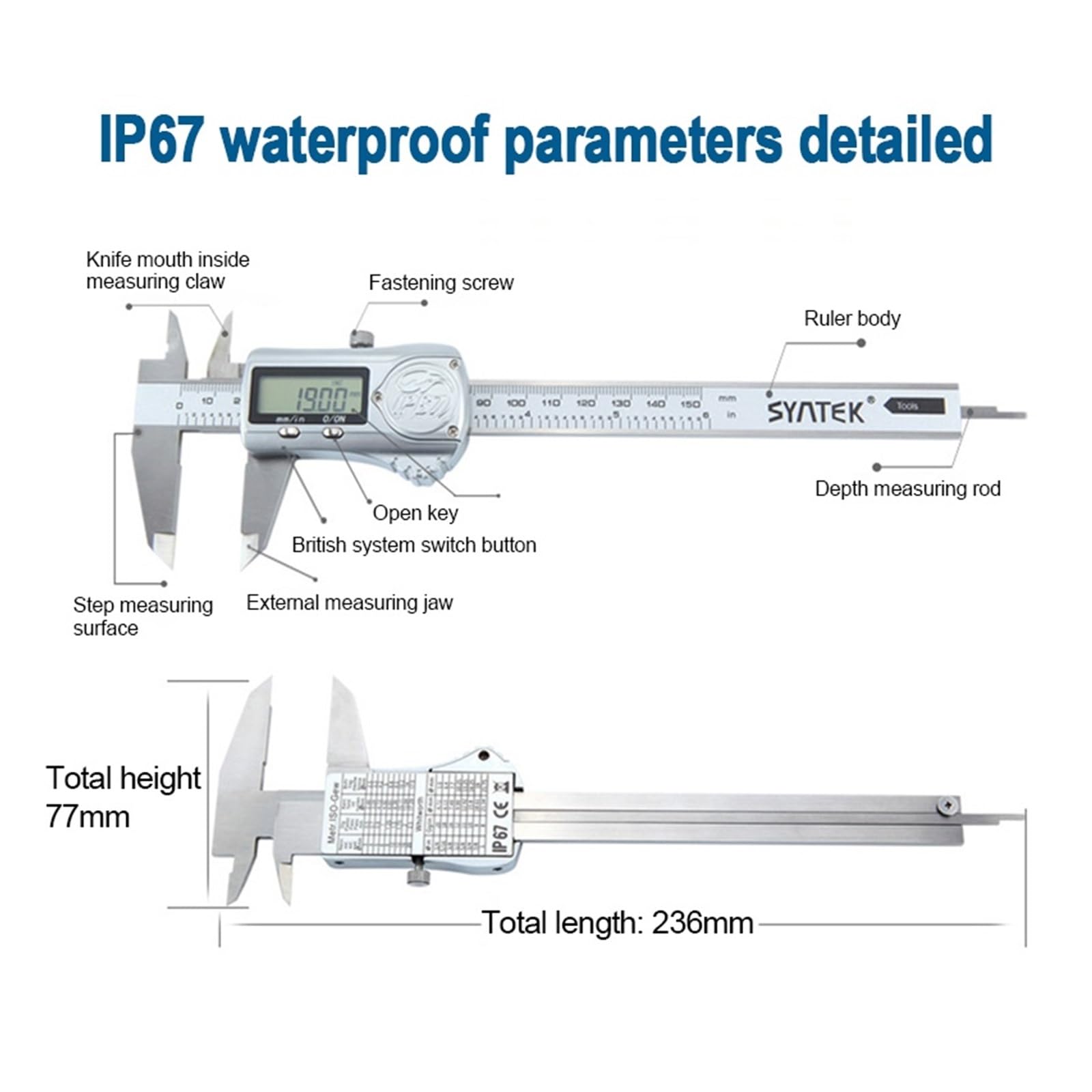 Micrómetro, Calibrador Vernier Digital electrónico, calibrador resistente al agua de 0-150/200/300mm, acero inoxidable con/sin Bluetooth(Bluetooth 0-300mm)