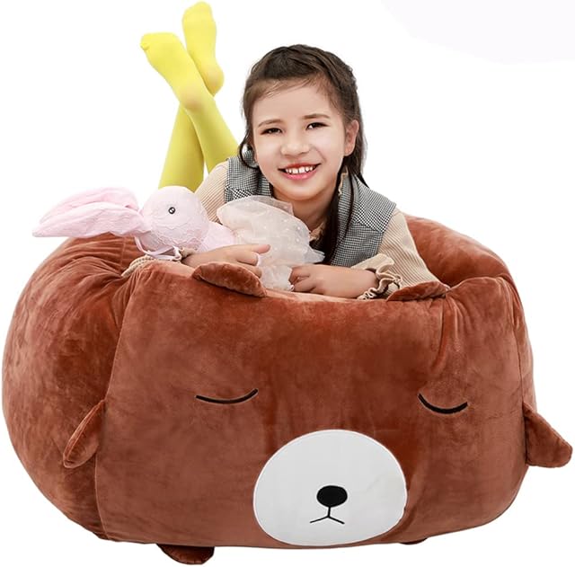 youngeyee Bear Stuffed Animal Storage, Kids Bean Bag Chair Cover, Large Size 24x24 Inch Velvet Extra Soft Plush Organization Toddler Chairs
