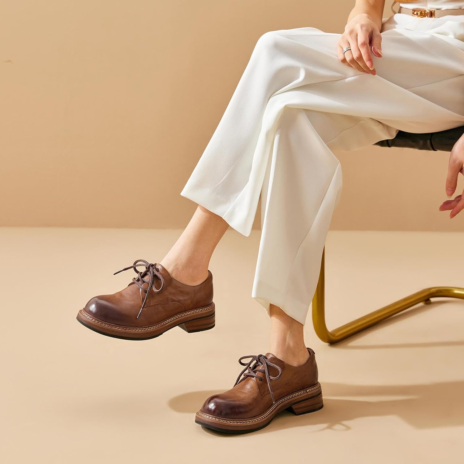 BEAU TODAY Women's Oxfords Dress Shoes, Leather Lace-Up Oxfords for Women, Comfortable Formal Cap Toe Business Casual Non Slip Office Driving Oxfords Shoes - Image 3