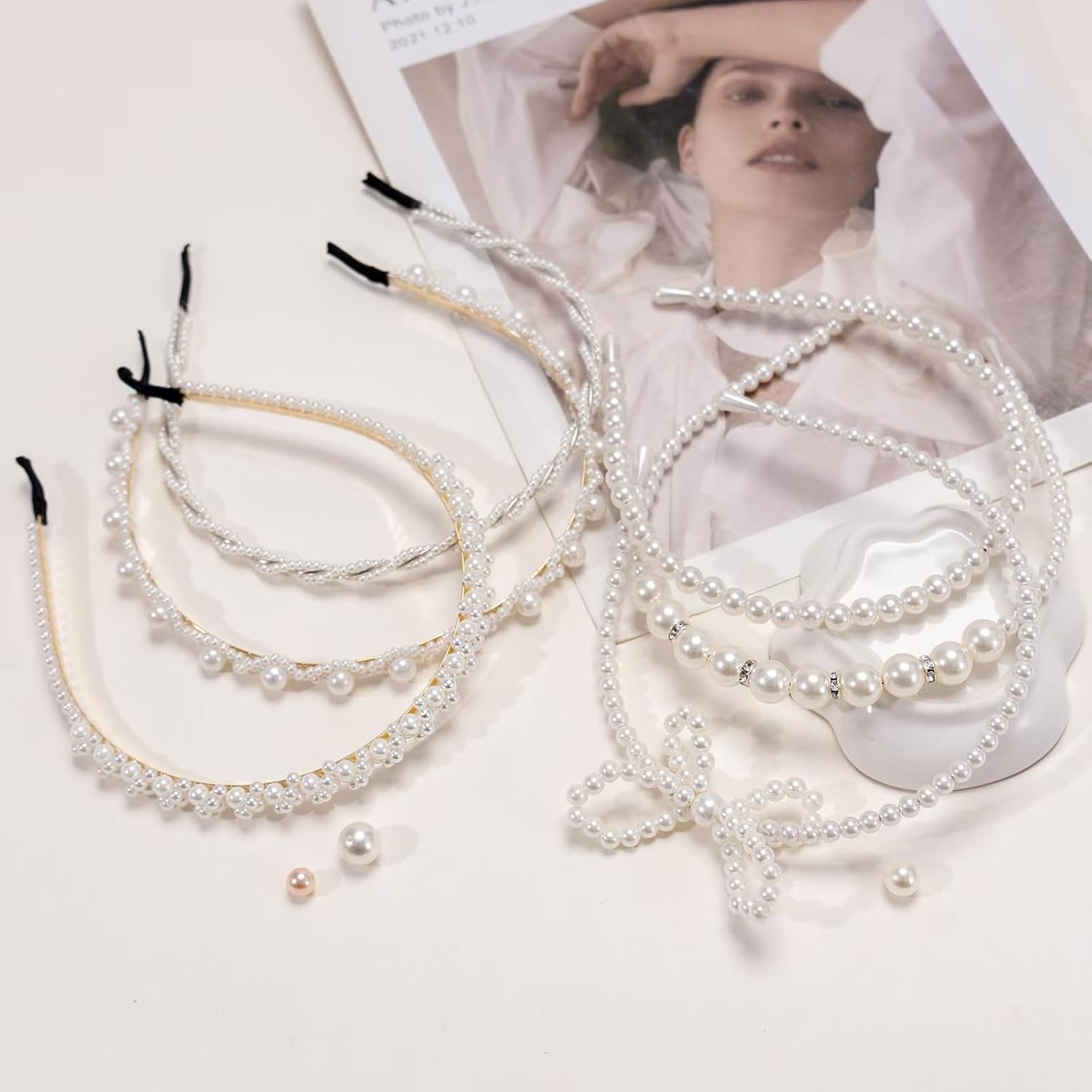 6PCS Pearl Headband Rhinestones Hairbands White Bridal Hair Hoop Sparkly Beaded Cute Wedding Headband Hair Accessories for Women Flower Girl - Image 4