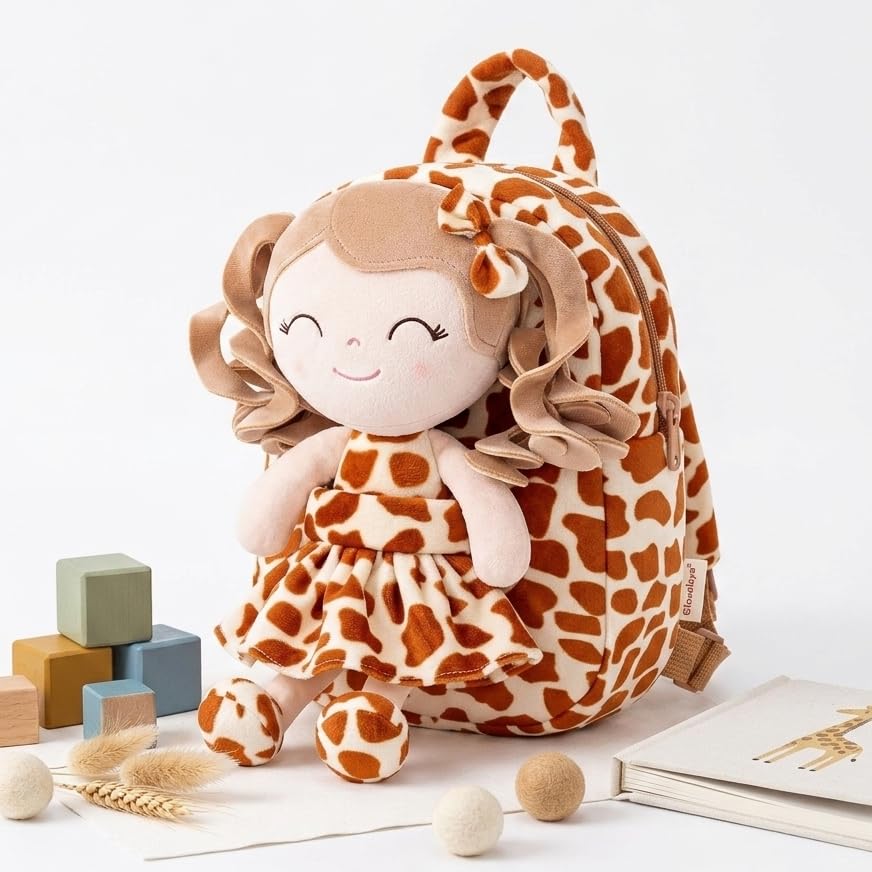 Image of Gloveleya Toddler Girls Backpacks Soft Doll Backpack for Kids Curly Hair Dolls for Girls Giraffe 9 inches