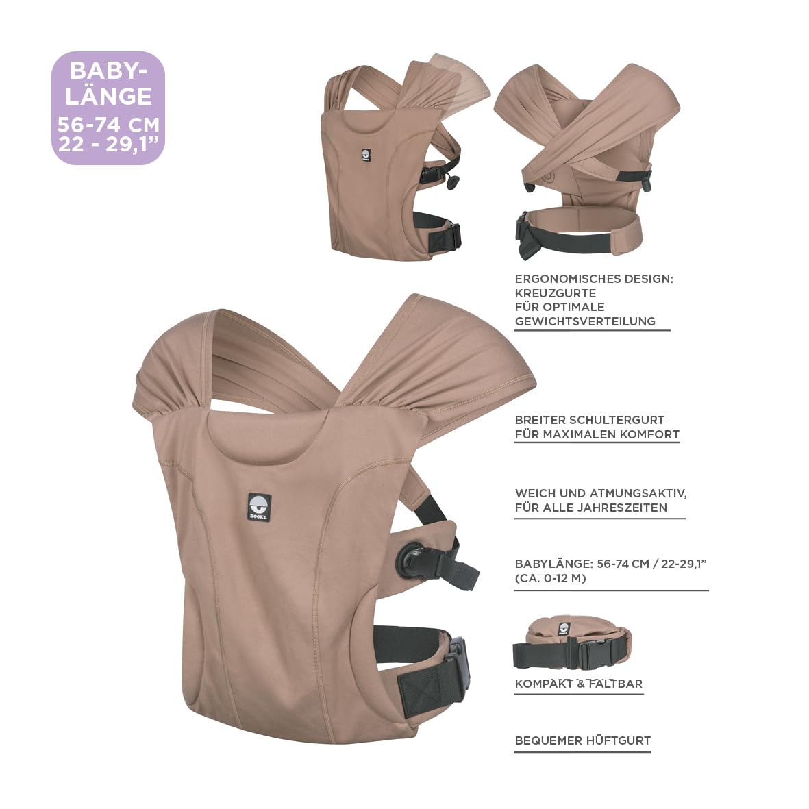 Dooky Carrier Be One, Babytrage und Tragetuch in einem, Ergonomisch und atmungsaktiv, Kreuzgurte für optimale Gewichtsverteilung, Ab Gebur, Baby Carrier für Neugeborene 56-74 cm, Mocha