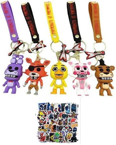 LBHTRR Llavero de 5 piezas, regalo de cumpleaños de Five Nights Freddy, suministros de fiesta para niños, y 50 calcomanías para fiesta de cumpleaños