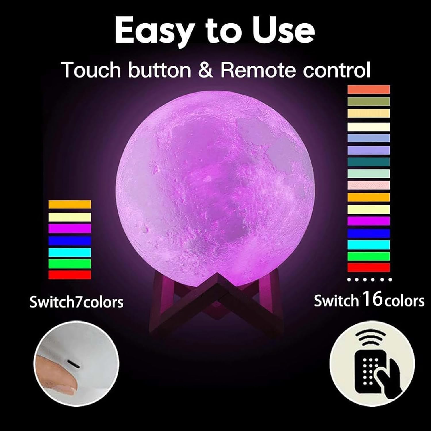 Lampada a forma di luna 3D, lampada da comodino USB con telecomando e supporto in legno, luce notturna unica per camera da letto, regali per donne, bambini, decorazione natalizia e del Ringraziamento