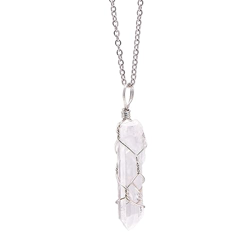 Natural White Quartz Raw Mineral Healing Crystal Wire Wrapped Pendant Necklace